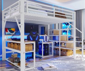 Łóżko na antresoli 140x200 cm - z drabiną bezpieczeństwa - z taśmą LED + biurkiem - z portem USB - biały (materac nie jest wliczony w cenę)