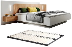 Łóżko z szafkami nocnymi 160 x 200 cm - 2 szuflady - Z diodami LED - Kolory: biały i naturalny+ Stelaż - FRANCOLI