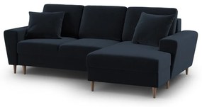 Ciemnoniebieski aksamitny rozkładany/ze schowkiem narożnik (prawostronny/z szezlongiem) Kyoto – Cosmopolitan Design