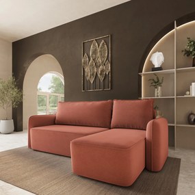Masseno Narożnik DOLVER z funkcją spania i pojemnikiem na pościel Narozniki L, Rozkładana sofa - Koralowy, CASTEL 55