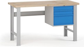 Stół warsztatowy G7, blat bukowy, 1500 x 800 x 840 mm, 1x kontener, 3x szuflada, niebieski