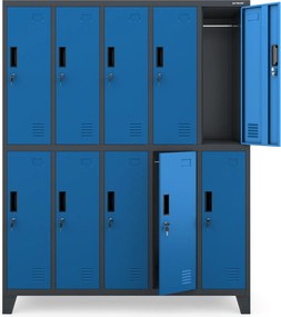 Metalowa szatnia 10-skrytkowa Bartek 136x45x172 cm, antracyt/niebieski