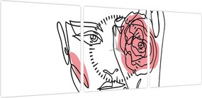 Obraz - Line art twarz z różą (z zegarem) (90x30 cm)