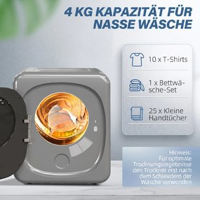 HOMCOM Suszarka wentylacyjna 4 kg z trybem Smart, 800 W, kompaktowa suszarka z bębnem ze stali nierdzewnej, srebrna | Aosom PL