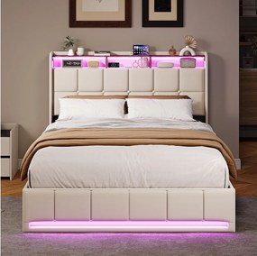 Łóżko podwójne 140x190 cm z lnu beżowe z przechowywaniem, oświetleniem LED RGB i portem USB, styl nowoczesny