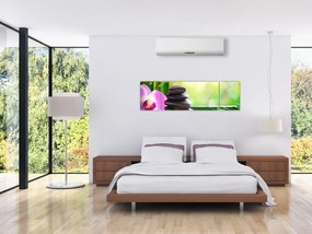 Obraz kamieni do masażu i storczyków na wodzie (170x50 cm)