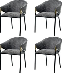 Zestaw 4 krzeseł - Styl nowoczesny - Tkanina welurowa - Podłokietniki ze złoconej stali nierdzewnej - Grube oparcie - Szary