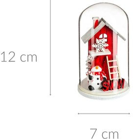 Kopuła szklana z drewnianym domkiem świątecznym, 12 cm
