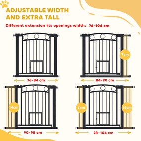 PawHut Bramka dla zwierząt regulowana 76-104 cm z drzwiczkami dla kota do schodów i drzwi czarna | Aosom PL