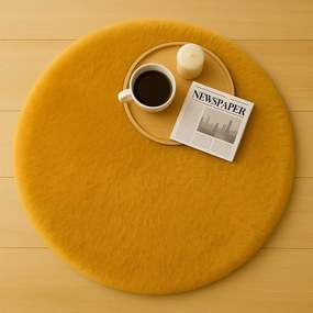 Dywanik Musztardowy Okrągły FI 100 cm Antypoślizgowy Puszysty Do Sypialni