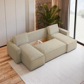 Masseno Narożnik PESANO z funkcją spania i pojemnikiem na pościel Narozniki U, Rozkładana sofa - Kremowy, MONOLITH 04