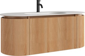 Wisząca szafka łazienkowa z prążkowanego drewna jesionowego z umywalką wpuszczaną i baterią – Jasny naturalny - szer. 120 cm - LILIKO