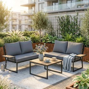 Outsunny Zestaw Mebli Ogrodowych w L Z Metalową Konstrukcją dla 4 Osób z 2 Sofami i Poduszkami oraz 2 Stolikami w Kolorze Teak | Aosom PL