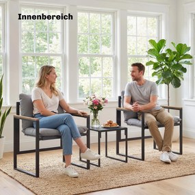 Outsunny 3-częściowy zestaw mebli balkonowych, 2 fotele ze stolikiem, poduszki z oddychającym pokryciem, meble ogrodowe, zestaw bistro z metalu, na taras i do ogrodu, szary | Aosom PL