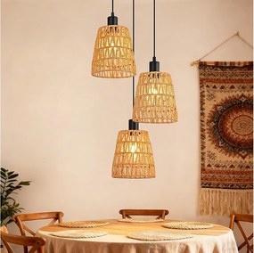 Lampa wisząca Nettlife Boho Rattan z 3 żarówkami – żyrandol z plecionej liny konopnej w stylu vintage, E27 – oświetlenie kuchni/jadalni (żarówki nie są dołączone)