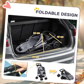 PawHut Wózek dla psa, składany, z oknem z siatki, zdejmowany dach, uchwyt na kubek, koszyk na dole, metalowa rama, szary, 67 x 45 x 96 cm