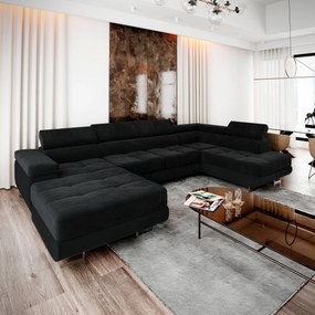 Masseno Narożnik CASONE z funkcją spania i pojemnikiem na pościel Narozniki U, Rozkładana sofa - Czarny, MONOLITH 95