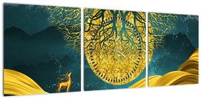 Obraz - Abstrakcja, złoty krajobraz (z zegarem) (90x30 cm)
