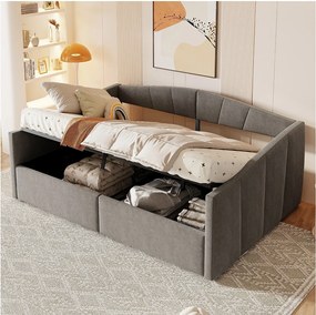 Tapicerowana sofa z funkcją spania dla dwóch osób - 140 x 200 cm - z hydraulicznym schowkiem + podłokietnikami - aksamit + metal + sklejka + MDF - szary