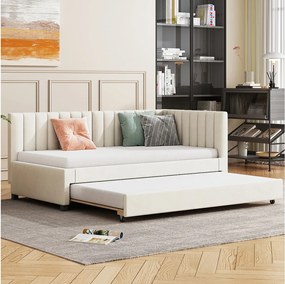 Łóżko wysuwane 90 x 190/200 cm - sofa rozkładana welurowa - stelaż listwowy - beż