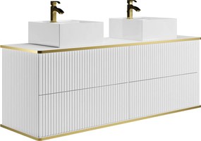 Szafka łazienkowa wisząca  prążkowana ze złotą obwódką i dwoma kwadratowymi umywalkami nablatowymi - Biały - 150 cm - KELIZA