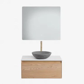 Zestaw Wiszących Mebli Łazienkowych Z Drewna Jesionowego Tedrik Popielaty Brąz & Okrągły Szary Cement - Sklum