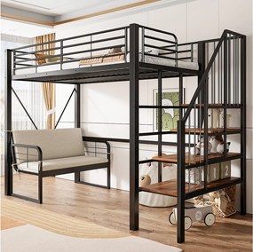 Łóżko piętrowe dla dzieci - 90 x 200 cm - z wyjmowaną sofą + drabinka ze schowkiem - rama metalowa - kolor czarny