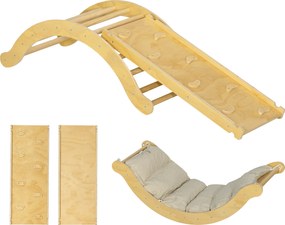 AIYAPLAY Zestaw wspinaczkowy dla dzieci, design 4 w 1 z mostkiem łukowym, huśtawką, poduszką, rampą zjeżdżalnią, do użytku wewnętrznego, Drewno