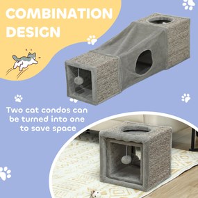 Tunel PawHut dla Kotów, 2 Kocie Jaskinie, Miejsca do Drapania i Zabawka w kształcie Kuli, 98 cm x 30 cm x 30 cm, Brązowy + Szary