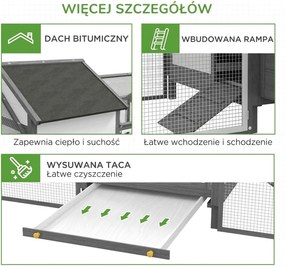 PawHut Kurnik dla małych zwierząt 2 wybiegi zewnętrzne, 1 gniazdo, 2 rampy, dach asfaltowy, odporny na warunki atmosferyczne, Szary