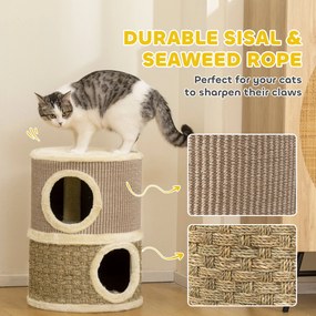 PawHut Beczka do drapania, wysokość 49 cm, Ø35,5 cm dwupoziomowa beczka z obszyciem z pluszu mata do drapania, 2 kryjówki Khaki+Kawowy