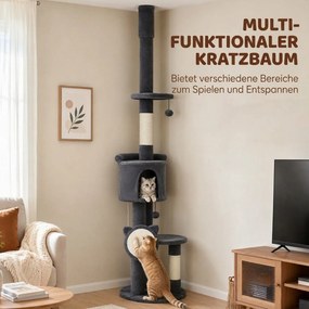 PawHut Drapak sięgający sufitu 225–255 cm regulowana wysokość Drapak dla kota 5 poziomów słupki sizalowe, deska do drapania, hamak | Aosom PL