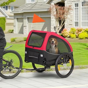 PawHut Przyczepka rowerowa składana z odblaskami oknami z siatki kołami drzwiami i chorągiewką, do 20 kg, 138x70x89 cm, czerwona | Aosom PL