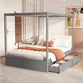 Łóżko z baldachimem 140 x 200 cm z tapicerowanym wezgłowiem i 2 szufladami - Drewno lite + sklejka + MDF - Szare