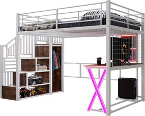 Łóżko piętrowe 140x200cm z LED - biurko + szafa + drabinka - białe