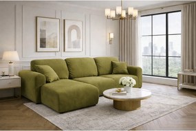 Narożnik w kształcie L z funkcją spania i pojemnikiem Bingo L, tkanina welurowa Salvador, Oliwkowy, Lewy