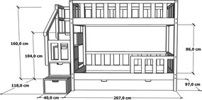 Łóżko piętrowe Marulla 111P ze schodami, barierkami i szufladkami