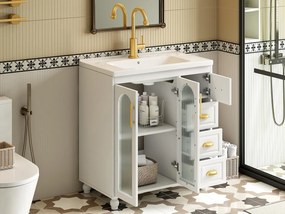 Meble łazienkowe z ceramiczną umywalką - 2 drzwi i 4 szuflady - biały (kran nie jest dołączony)