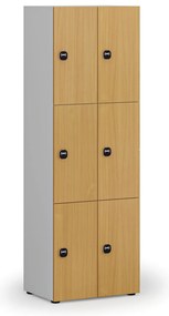 Drewniana szafka skrytkowa, 6 schowków, zamek RFID, szary/buk