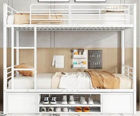Żelazne łóżko piętrowe 90x200cm - z szafką na buty i drabinką - Białe