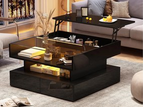Stolik kawowy podnoszony 80x80x45 cm - 2 szuflady - z LED - Błyszczące wykończenie - Szkło hartowane - Czarny