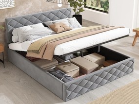 Aksamitne łóżko ze schowkiem 140x200cm - z podstawą z listew - Szare