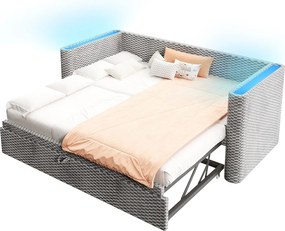 Rozkładana sofa 90/180x200cm - z wysuwane łóżko - z listwą LED - z stelażem lamelowym - welur - szary (materac nie jest wliczony w cenę)