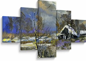 Obraz chaty w zimowym krajobrazie, obraz olejny (125x70 cm)