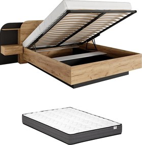 Łóżko ze skrzynią i szafkami nocnymi 160 x 200 cm - Z oświetleniem LED - Naturalny i czarny + Materac - JUVISIA