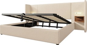 Łóżko z pojemnikiem 180x200 cm - z zagłówkiem, schowkiem, USB/Typ-C, na stelażu - len - beżowy - bez materaca