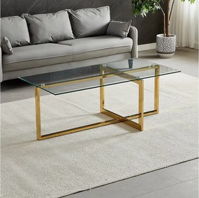 Prostokątny stolik kawowy – Hartowane szkło przezroczyste – Złoty metal – CHIARA