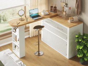 Rozkładany mebel barowy kuchenny - z obrotem 360° - 215x39x103cm - 2 fronty, 2 szuflady - z bocznymi półkami - Biały