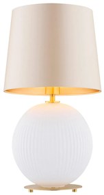Lampa na stolik biała kula Hamilton – szkło ryflowane mleczne, abażur beżowy środek złoty