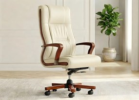 Klasyczny skórzany fotel do biura wygodny ze skóry naturalnej Ambassador. Podłokietniki i rama z drewna, skórzana tapicerka dostępna w kolorach czarnym, brązowym i kremowym. Meble klasyczne gabinetowe.